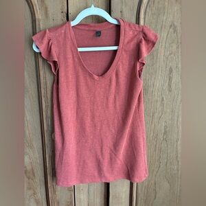 Denver Hayes Coral Ruffle Sleeve V-Neck Top